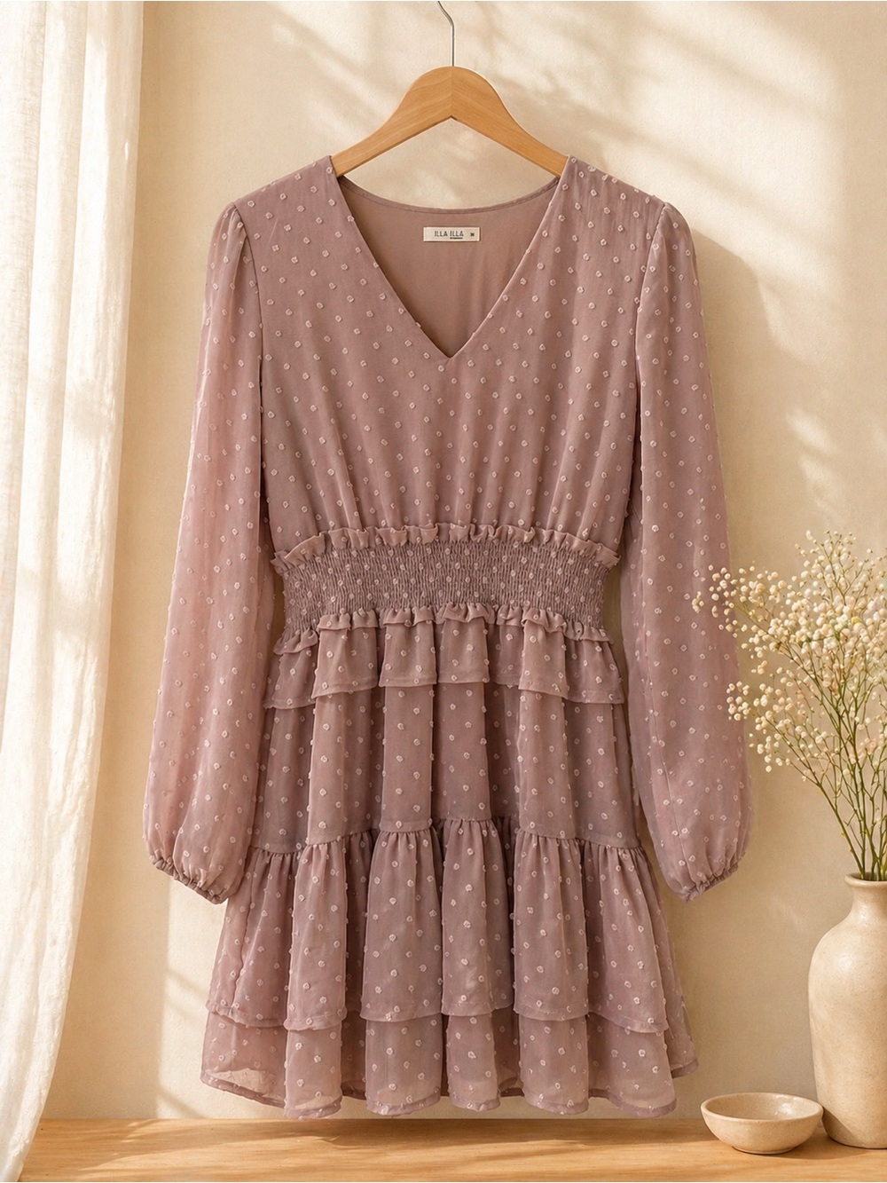 ILLA ILLA Mauve Tiered V-Neck Long Sleeve Dress